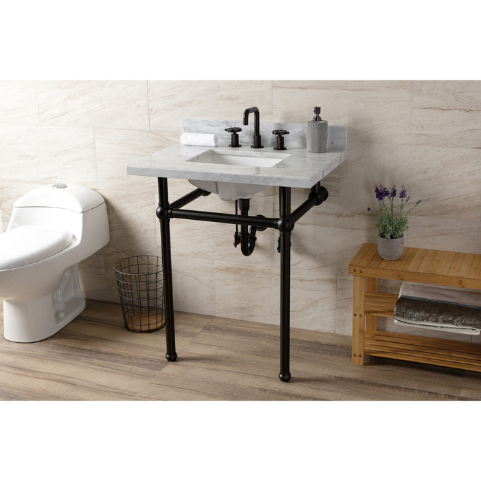 Kingston Brass KVBH3022M8SQ5 Templeton 30" Carrara Marble Console Sink with Brass Legs (8-Inch, 3-Hole), Marble White/Oil Rubbed Bronze