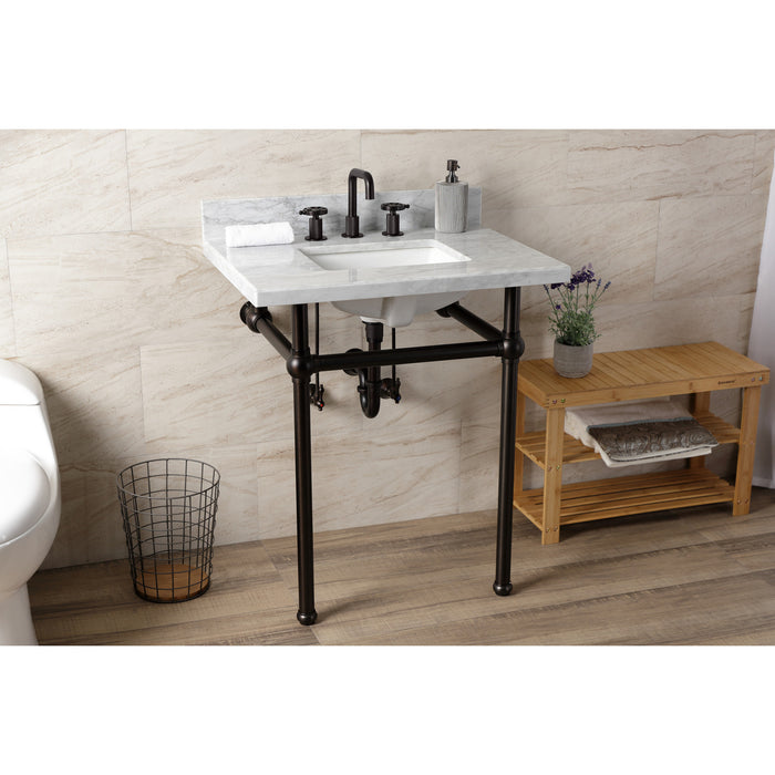 Kingston Brass KVBH3022M8SQ5 Templeton 30" Carrara Marble Console Sink with Brass Legs (8-Inch, 3-Hole), Marble White/Oil Rubbed Bronze