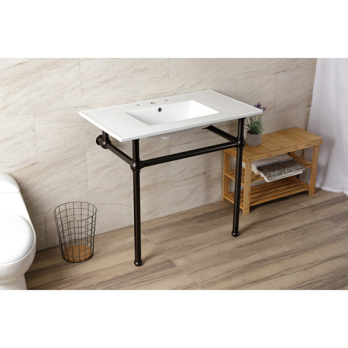 Kingston Brass KVBH37227W8ORB Templeton 37" Ceramic Console Sink with Brass Legs (8-Inch, 3-Hole), White/Oil Rubbed Bronze