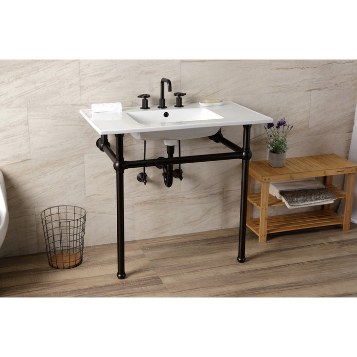 Kingston Brass KVBH37227W8ORB Templeton 37" Ceramic Console Sink with Brass Legs (8-Inch, 3-Hole), White/Oil Rubbed Bronze