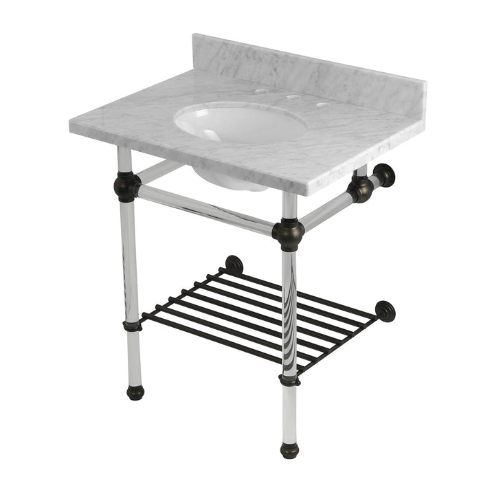 Kingston Brass KVPB30MAB5 Templeton 30" Carrara Marble Console Sink with Acrylic Legs and Shelf (8-Inch, 3-Hole), Carrara Marble/Oil Rubbed Bronze