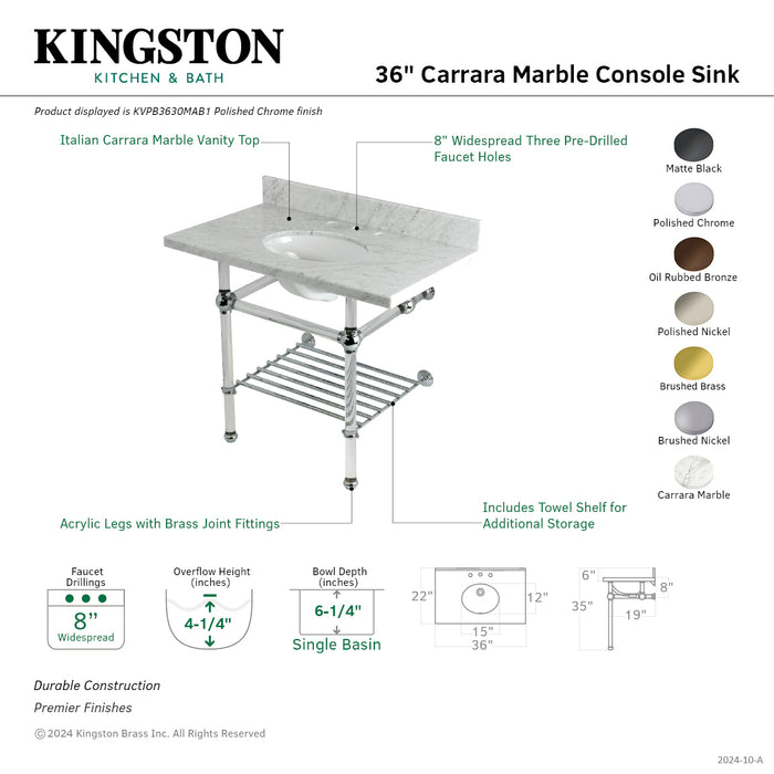 Kingston Brass KVPB3630MAB5 Templeton 36" Carrara Marble Console Sink with Acrylic Legs and Shelf (8-Inch, 3-Hole), Carrara Marble/Oil Rubbed Bronze