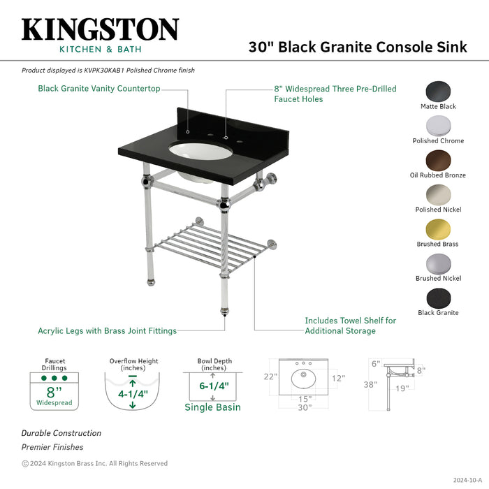 Kingston Brass KVPK30KAB5 Templeton 30" Black Granite Console Sink with Acrylic Legs and Shelf (8-Inch, 3-Hole), Black Granite/Oil Rubbed Bronze