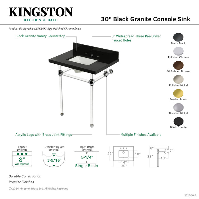 Kingston Brass KVPK30KASQ5 Templeton 30" Black Granite Console Sink with Acrylic Legs (8-Inch, 3-Hole), Black Granite/Oil Rubbed Bronze