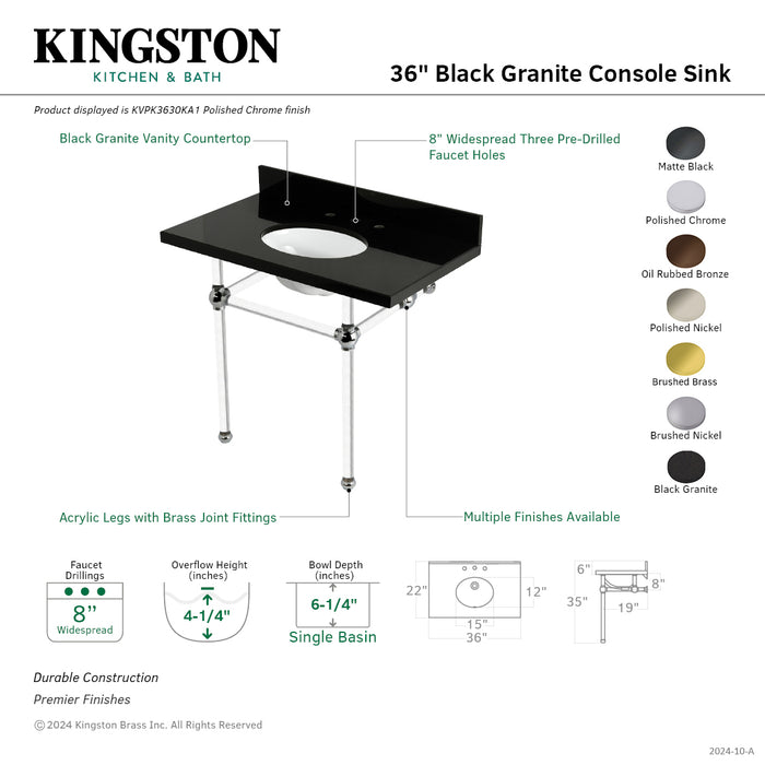 Kingston Brass KVPK3630KA5 Templeton 36" Black Granite Console Sink with Acrylic Legs (8-Inch, 3-Hole), Black Granite/Oil Rubbed Bronze