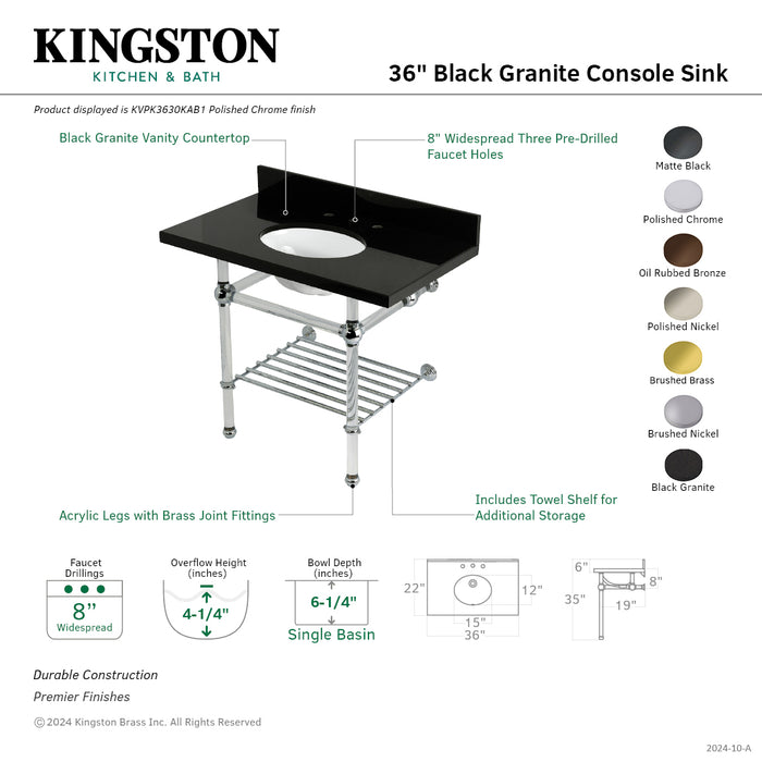 Kingston Brass KVPK3630KAB5 Templeton 36" Black Granite Console Sink with Acrylic Legs and Shelf (8-Inch, 3-Hole), Black Granite/Oil Rubbed Bronze