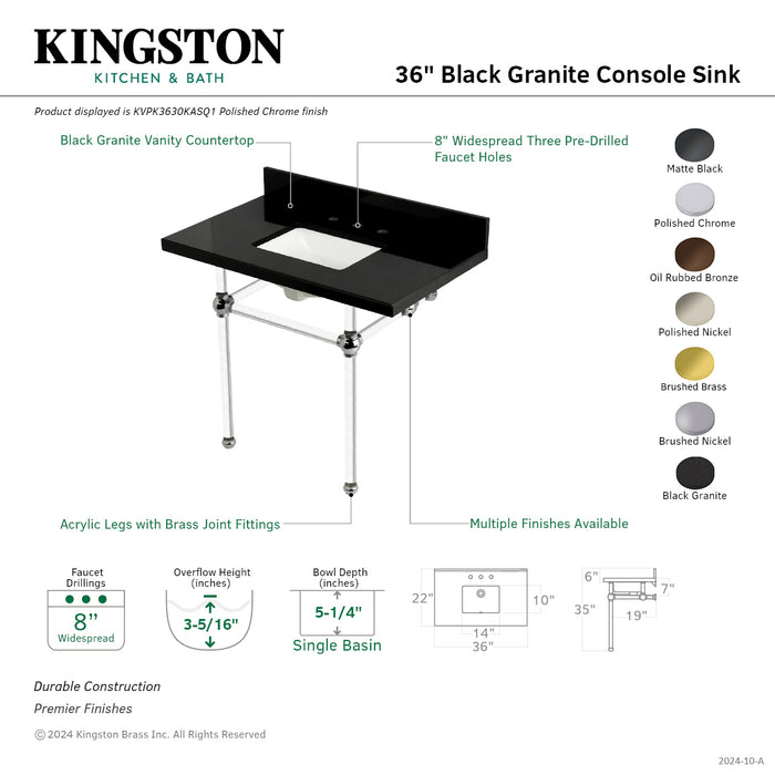 Kingston Brass KVPK3630KASQ5 Templeton 36" Black Granite Console Sink with Acrylic Legs (8-Inch, 3-Hole), Black Granite/Oil Rubbed Bronze