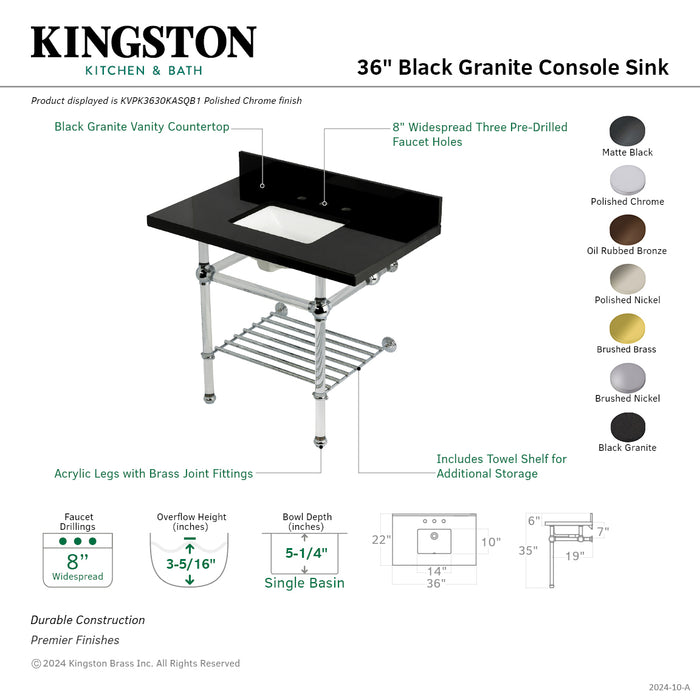 Kingston Brass KVPK3630KASQB5 Templeton 36" Black Granite Console Sink with Acrylic Legs and Shelf (8-Inch, 3-Hole), Black Granite/Oil Rubbed Bronze