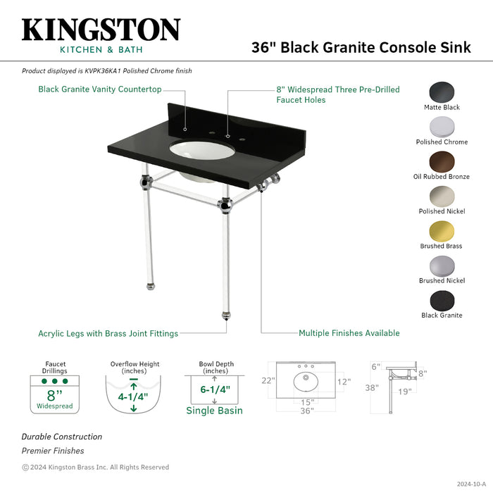 Kingston Brass KVPK36KA5 Templeton 36" Black Granite Console Sink with Acrylic Legs (8-Inch, 3-Hole), Black Granite/Oil Rubbed Bronze