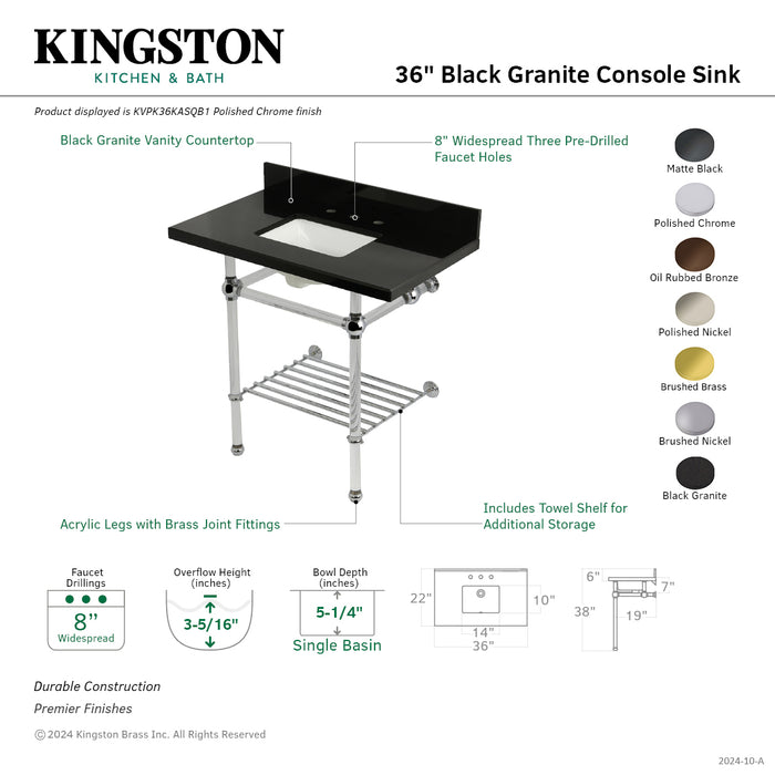 Kingston Brass KVPK36KASQB5 Templeton 36" Black Granite Console Sink with Acrylic Legs and Shelf (8-Inch, 3-Hole), Black Granite/Oil Rubbed Bronze