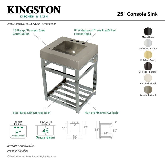 Kingston KVSP2522A0 Kingston Commercial 25" Stainless Steel Console Sink with Steel Base (8-Inch, 3-Hole), Brushed Stainless Steel/Matte Black