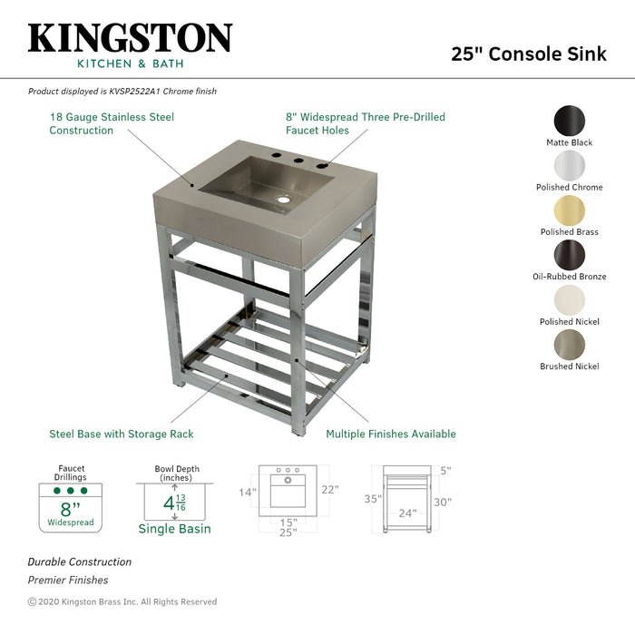 Kingston Brass KVSP2522A8 Kingston Commercial 25" Stainless Steel Console Sink with Steel Base (8-Inch, 3-Hole), Brushed/Brushed Nickel