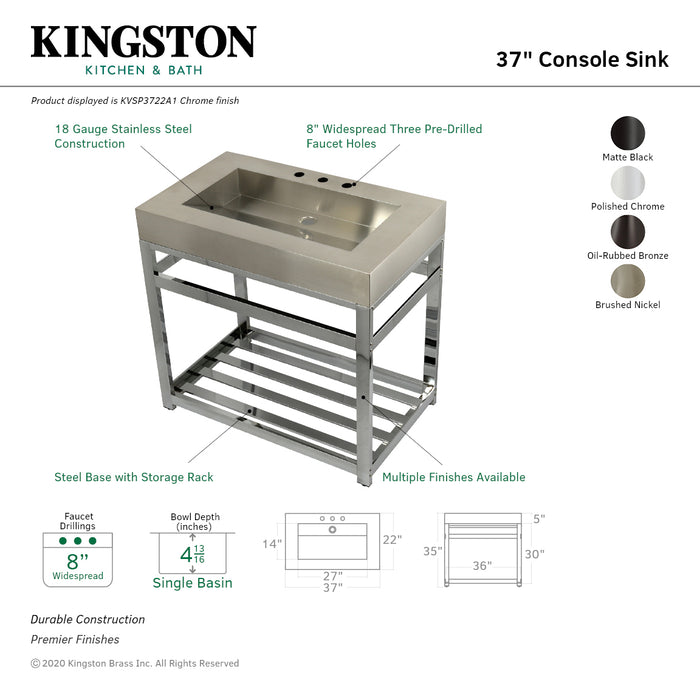 Kingston Brass KVSP3722A8 Kingston Commercial 37" Stainless Steel Console Sink with Steel Base (8-Inch, 3-Hole), Brushed/Brushed Nickel