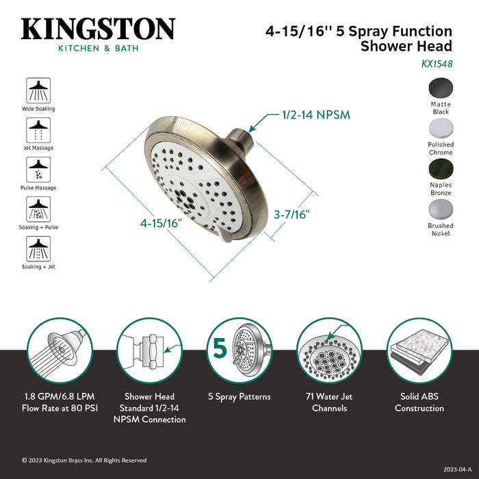 Kingston Brass KX1540 Vilbosch 5-Inch 5-Function Shower Head, Matte Black