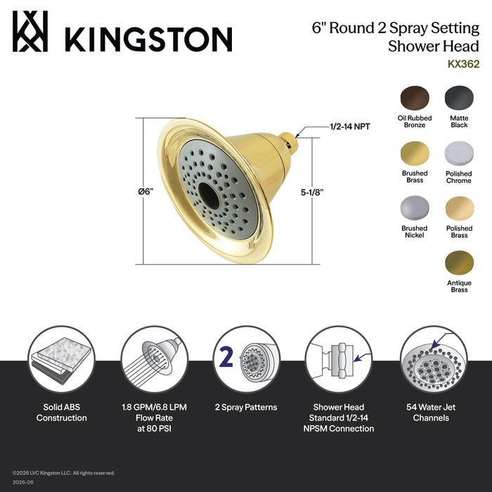 Kingston Brass KX361 Shower Scape 6" Round 2-Function ABS Shower Head, Polished Chrome