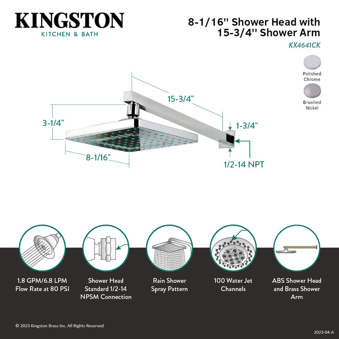 Kingston Brass KX4641CK Claremont 8" Square Raindrop ABS Shower Head with 15-3/4" Shower Arm, Polished Chrome