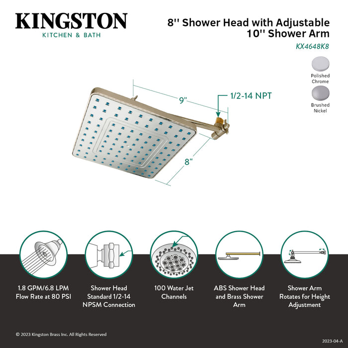 Kingston Brass KX4641K1 Fortress 8" Square Raindrop ABS Shower Head with 10" High-Low Adjustable Shower Arm, Polished Chrome
