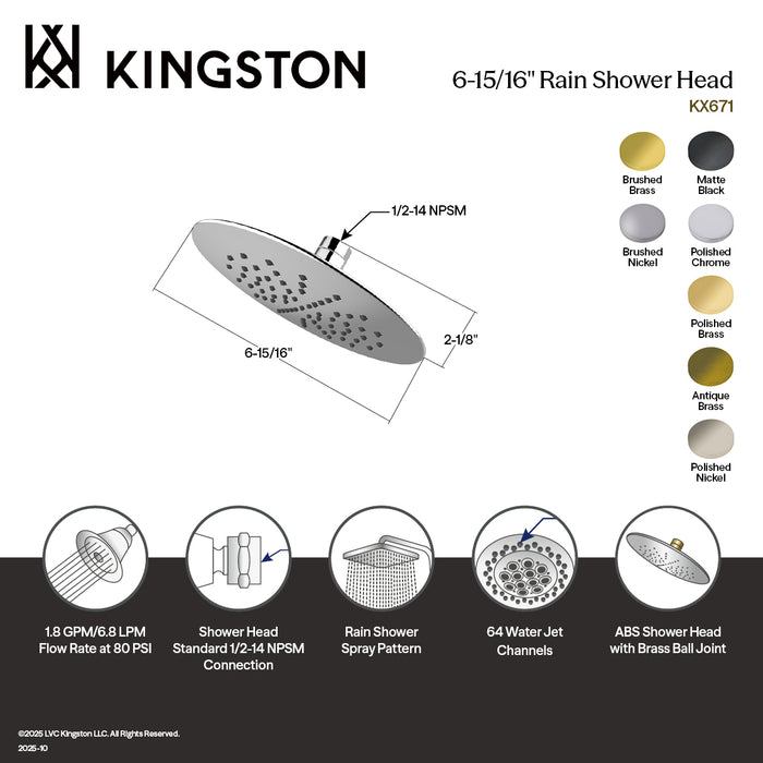 Kingston Brass KX670 Shower Scape 7" Round Raindrop ABS Shower Head, Matte Black