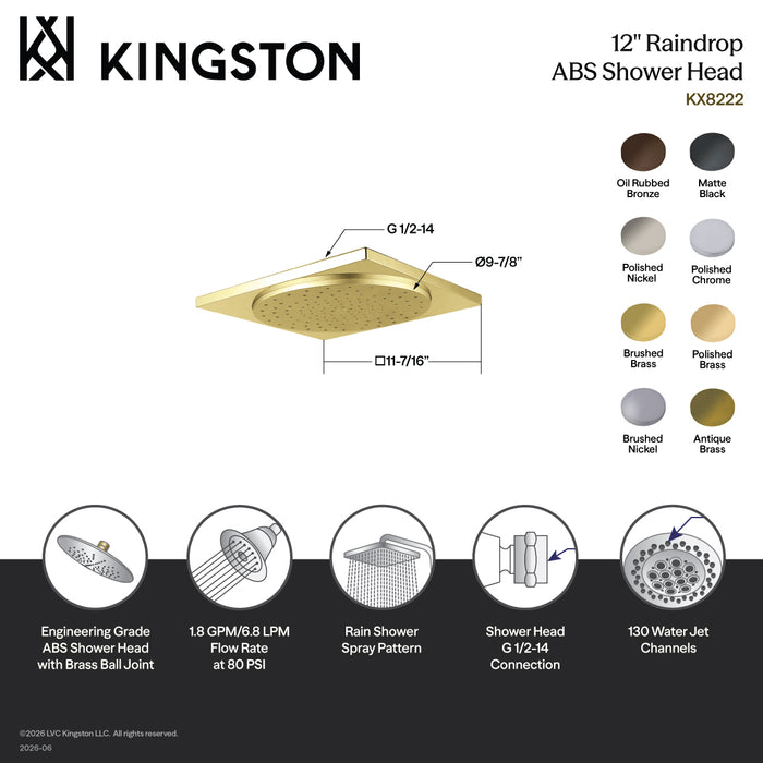Kingston Brass KX8225 Claremont 12" Square Raindrop ABS Shower Head, Oil Rubbed Bronze