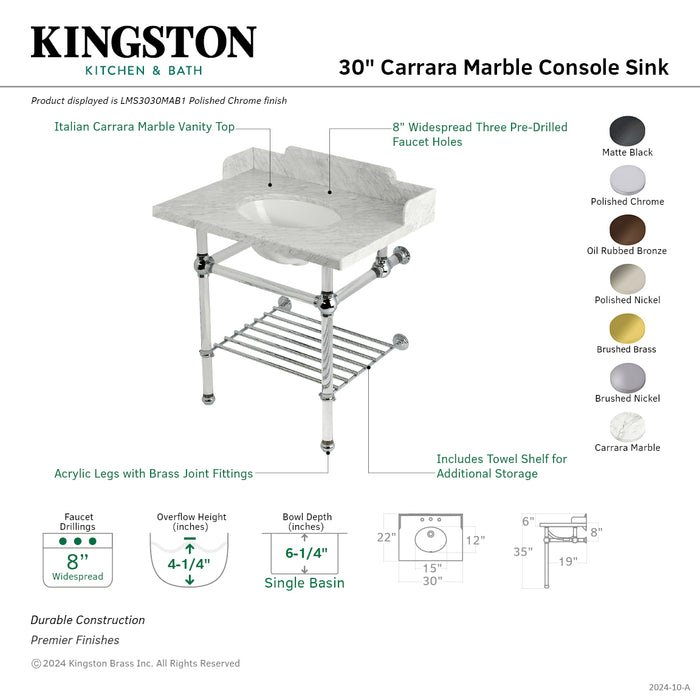 Kingston Brass LMS3030MAB5 Pemberton 30" Carrara Marble Console Sink with Acrylic Legs and Shelf (8-Inch, 3-Hole), Marble White/Oil Rubbed Bronze