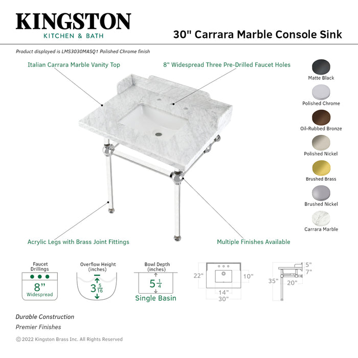 Kingston Brass LMS3030MASQ5 Pemberton 30" Carrara Marble Console Sink with Acrylic Legs (8-Inch, 3-Hole), Marble White/Oil Rubbed Bronze