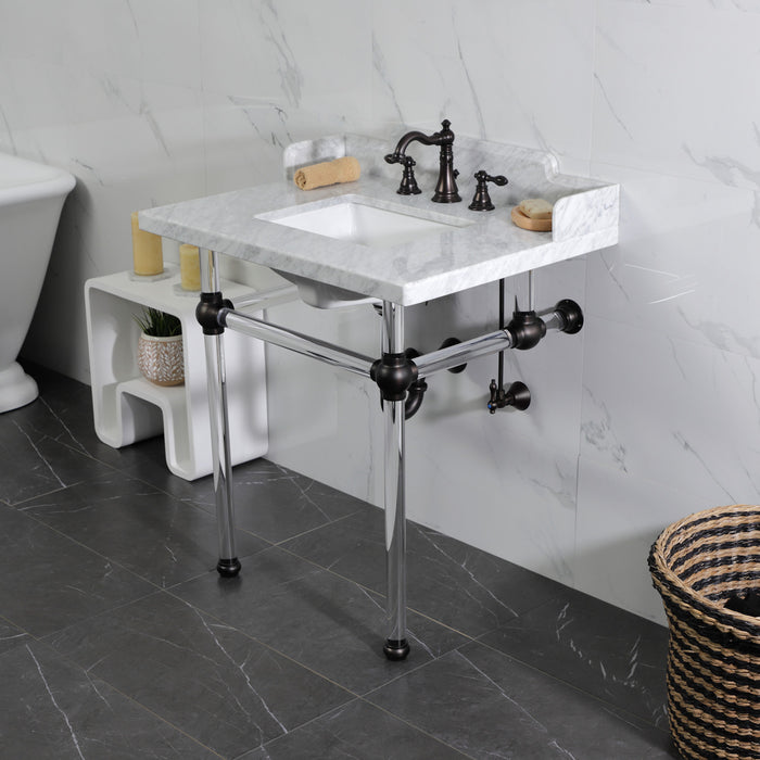 Kingston Brass LMS3030MASQ5 Pemberton 30" Carrara Marble Console Sink with Acrylic Legs (8-Inch, 3-Hole), Marble White/Oil Rubbed Bronze