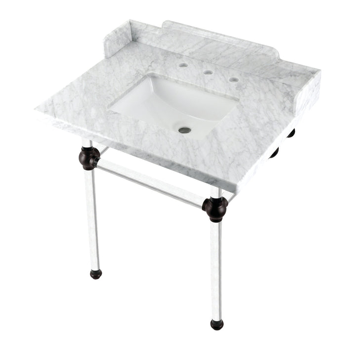 Kingston Brass LMS3030MASQ5 Pemberton 30" Carrara Marble Console Sink with Acrylic Legs (8-Inch, 3-Hole), Marble White/Oil Rubbed Bronze