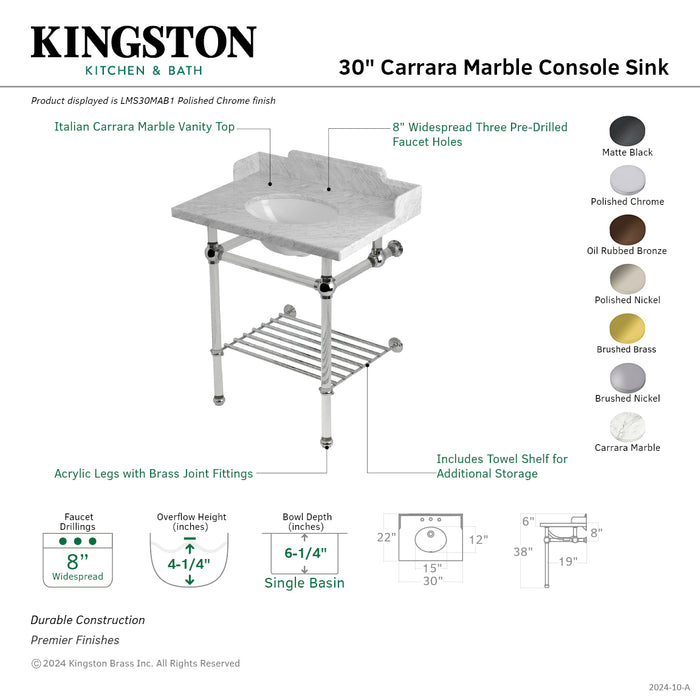 Kingston Brass LMS30MAB5 Pemberton 30" Carrara Marble Console Sink with Acrylic Legs and Shelf (8-Inch, 3-Hole), Marble White/Oil Rubbed Bronze