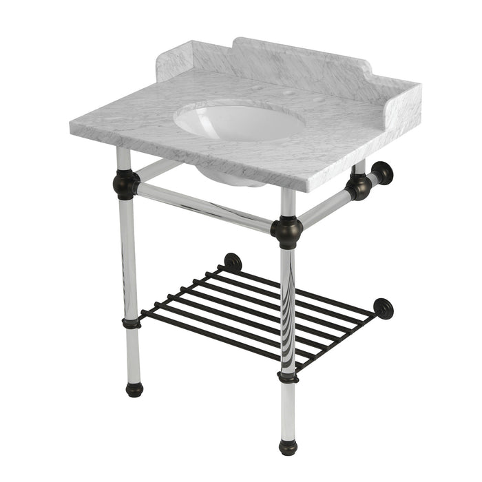 Kingston Brass LMS30MAB5 Pemberton 30" Carrara Marble Console Sink with Acrylic Legs and Shelf (8-Inch, 3-Hole), Marble White/Oil Rubbed Bronze