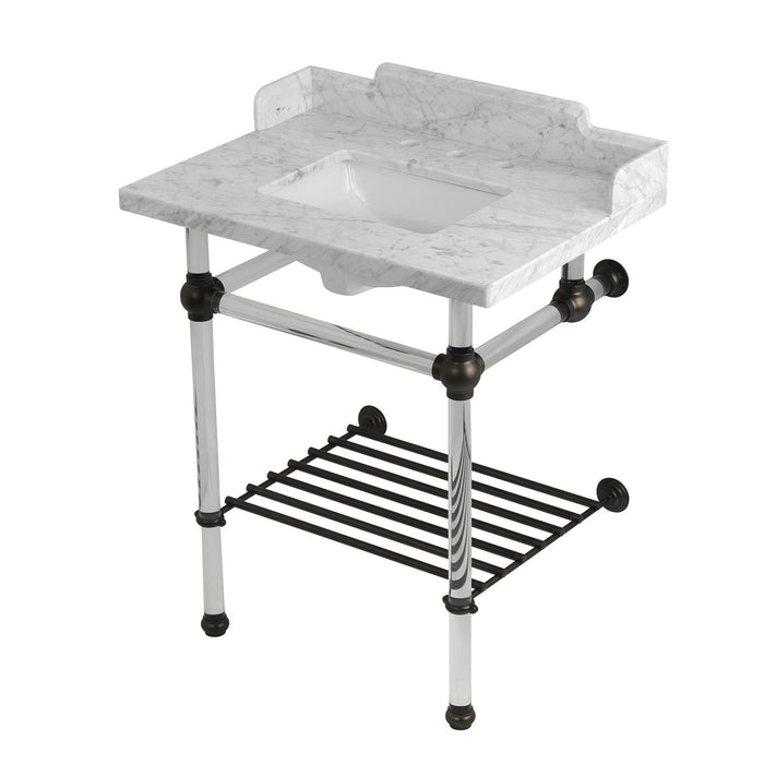 Kingston Brass LMS30MASQB5 Pemberton 30" Carrara Marble Console Sink with Acrylic Legs and Shelf (8-Inch, 3-Hole), Marble White/Oil Rubbed Bronze