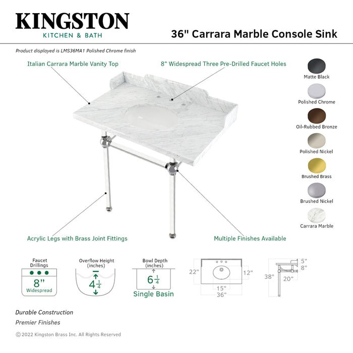 Kingston Brass LMS36MA5 Pemberton 36" Carrara Marble Console Sink with Acrylic Legs (8-Inch, 3-Hole), Marble White/Oil Rubbed Bronze