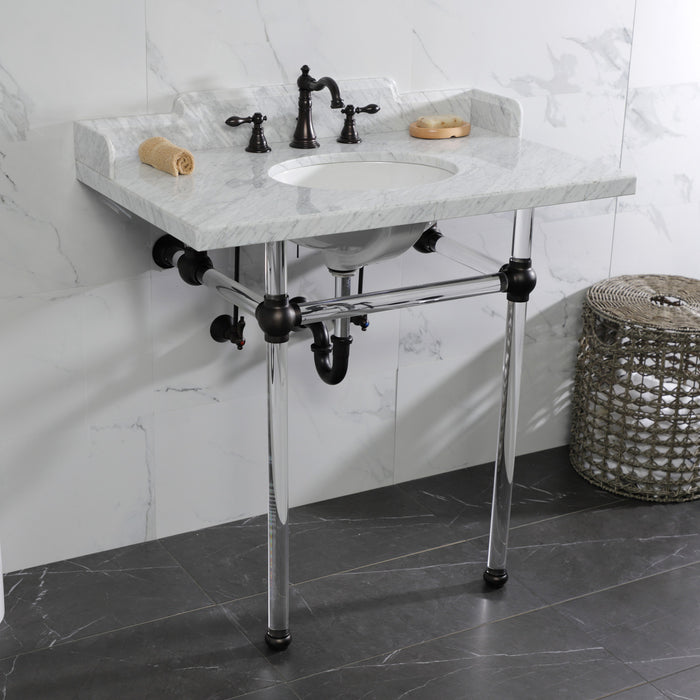 Kingston Brass LMS36MA5 Pemberton 36" Carrara Marble Console Sink with Acrylic Legs (8-Inch, 3-Hole), Marble White/Oil Rubbed Bronze