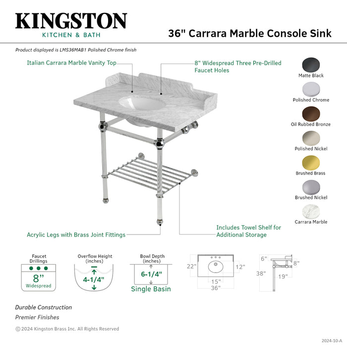 Kingston Brass LMS36MAB5 Pemberton 36" Carrara Marble Console Sink with Acrylic Legs and Shelf (8-Inch, 3-Hole), Marble White/Oil Rubbed Bronze