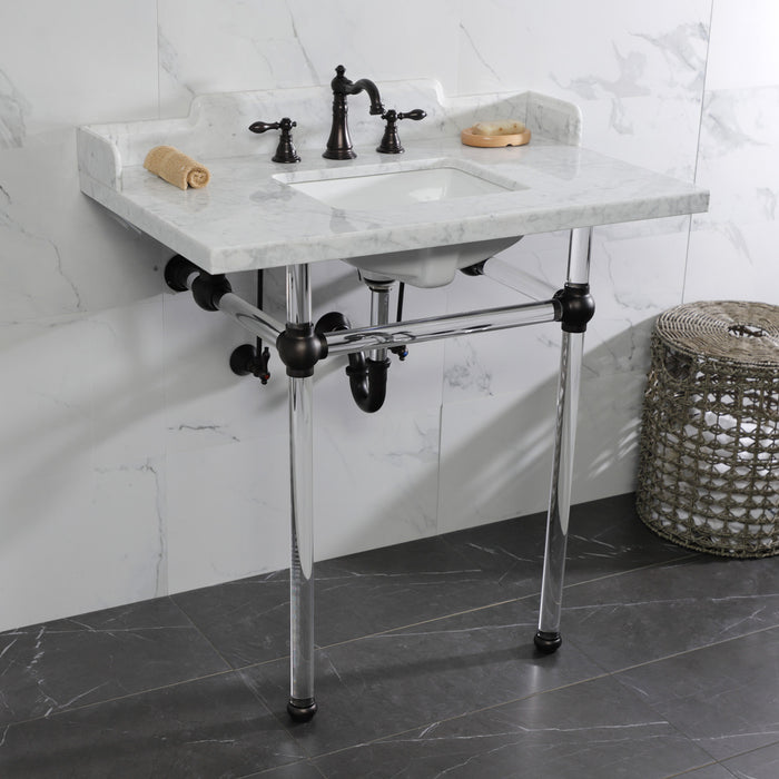 Kingston Brass LMS36MASQ5 Pemberton 36" Carrara Marble Console Sink with Acrylic Legs (8-Inch, 3-Hole), Marble White/Oil Rubbed Bronze