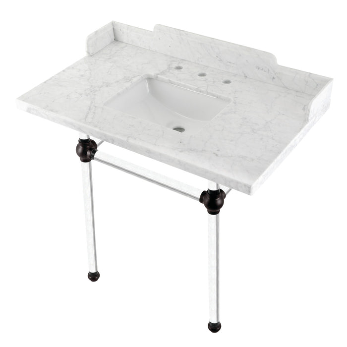 Kingston Brass LMS36MASQ5 Pemberton 36" Carrara Marble Console Sink with Acrylic Legs (8-Inch, 3-Hole), Marble White/Oil Rubbed Bronze