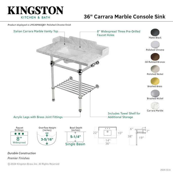 Kingston Brass LMS36MASQB5 Pemberton 36" Carrara Marble Console Sink with Acrylic Legs and Shelf (8-Inch, 3-Hole), Marble White/Oil Rubbed Bronze