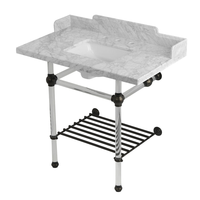 Kingston Brass LMS36MASQB5 Pemberton 36" Carrara Marble Console Sink with Acrylic Legs and Shelf (8-Inch, 3-Hole), Marble White/Oil Rubbed Bronze