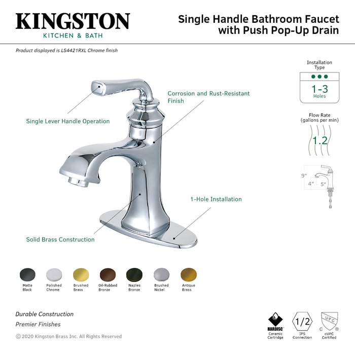 Kingston Brass LS4425RXL Restoration One-Handle Single-Hole Bathroom Faucet with Deck Plate and Push Pop-Up Drain, Oil Rubbed Bronze