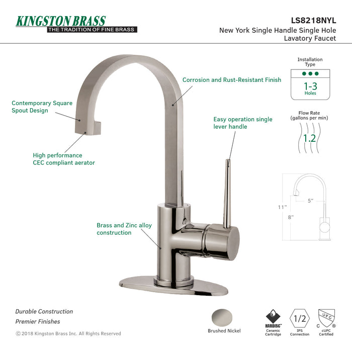 Kingston Brass LS8218NYL New York One-Handle Single-Hole Bathroom Faucet with Deck Plate and Push Pop-Up Drain, Brushed Nickel