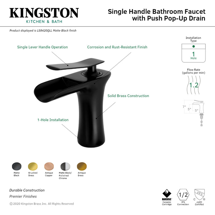 Kingston Brass LS8427QLL Executive One-Handle Single-Hole Bathroom Faucet with Push Pop-Up Drain, Matte Black/Polished Chrome