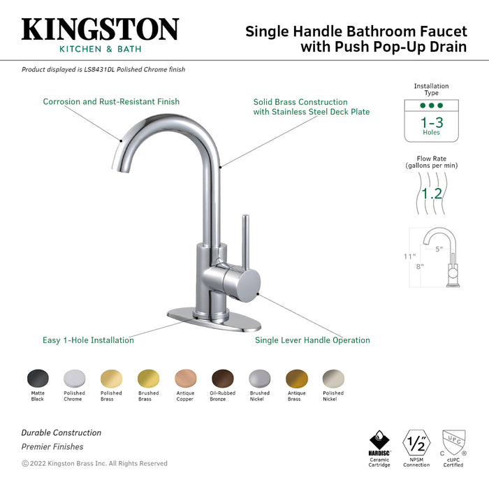 Kingston Brass LS8435DL Concord One-Handle Single-Hole Bathroom Faucet with Deck Plate and Push Pop-Up Drain, Oil Rubbed Bronze