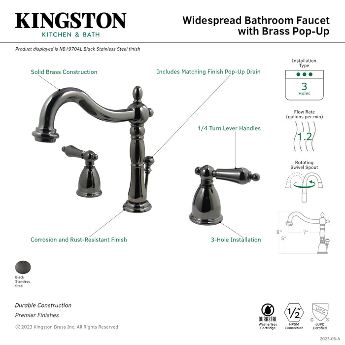 Kingston Brass NB1970AL Water Onyx Widespread Bathroom Faucet with Brass Pop-Up, Black Stainless Steel
