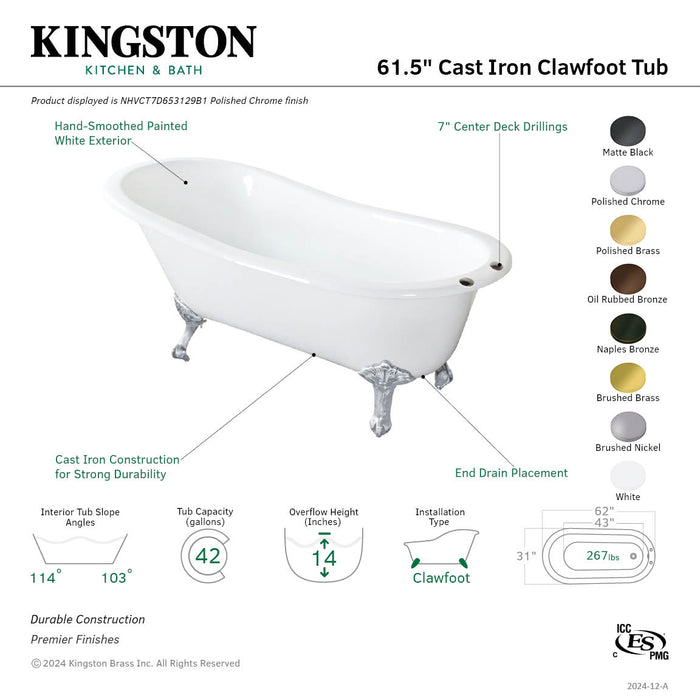 Aqua Eden NHVCT7D653129B6 61" Cast Iron Oval Single Slipper Clawfoot Tub (7" Faucet Drillings), White/Naples Bronze