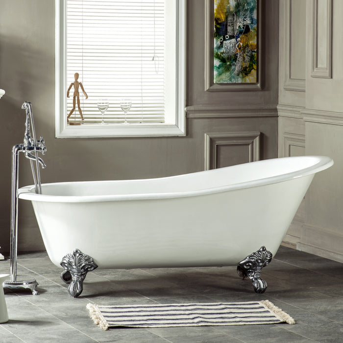 Aqua Eden NHVCTND653129B1 61" Cast Iron Oval Single Slipper Clawfoot Tub (No Faucet Drillings), White/Polished Chrome