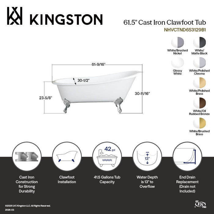 Aqua Eden NHVCTND653129B2 61" Cast Iron Oval Single Slipper Clawfoot Tub (No Faucet Drillings), White/Polished Brass