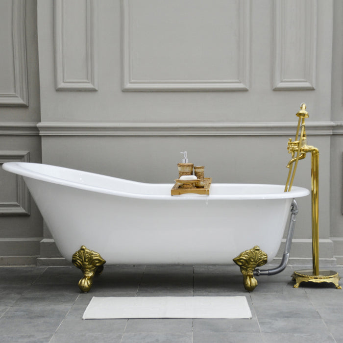 Aqua Eden NHVCTND653129B2 61" Cast Iron Oval Single Slipper Clawfoot Tub (No Faucet Drillings), White/Polished Brass