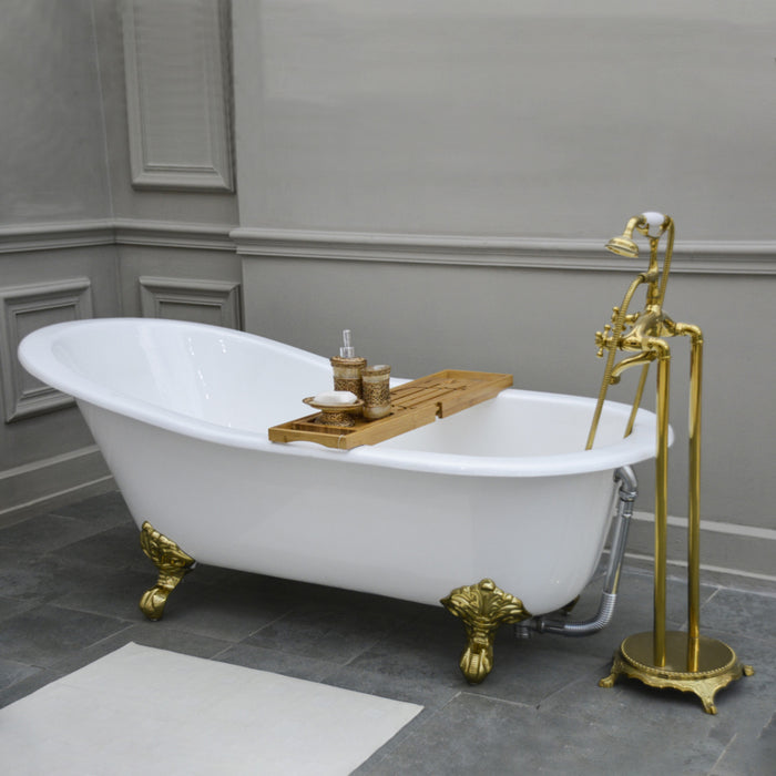 Aqua Eden NHVCTND653129B2 61" Cast Iron Oval Single Slipper Clawfoot Tub (No Faucet Drillings), White/Polished Brass