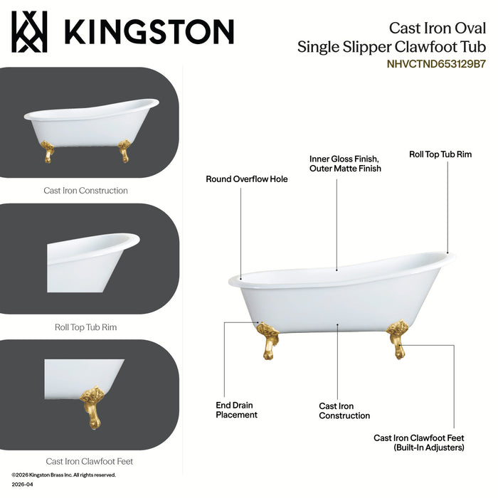 Aqua Eden NHVCTND653129B7 61" Cast Iron Oval Single Slipper Clawfoot Tub (No Faucet Drillings), White/Brushed Brass