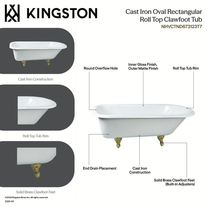 Aqua Eden NHVCTND673123T7 66" Cast Iron Oval Rectangular Roll Top Clawfoot Tub (No Faucet Drillings), White/Brushed Brass