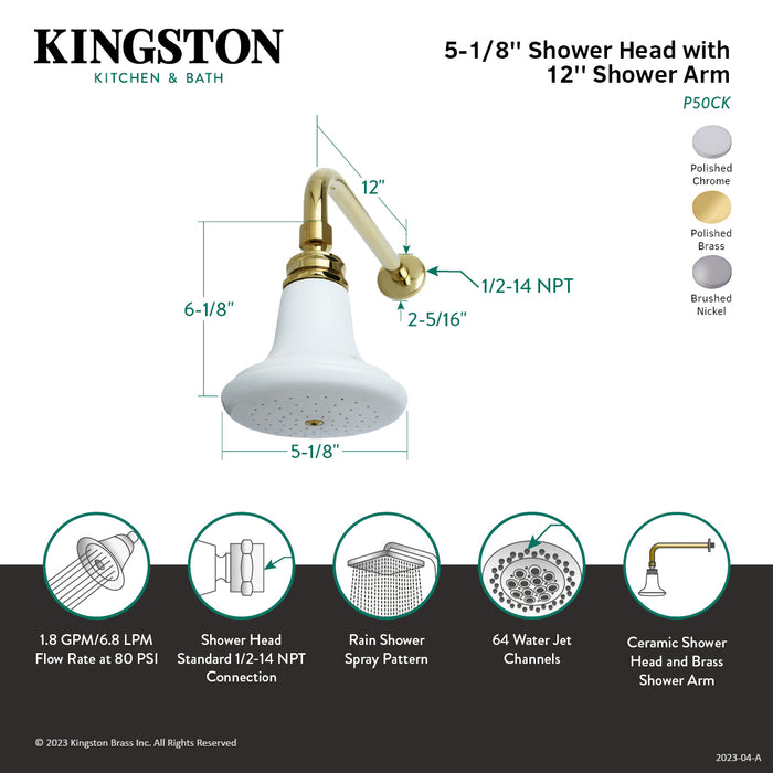 Kingston Brass P50SNCK Victorian 5-1/8" Round Raindrop Ceramic Shower Head with 12" Shower Arm, Brushed Nickel